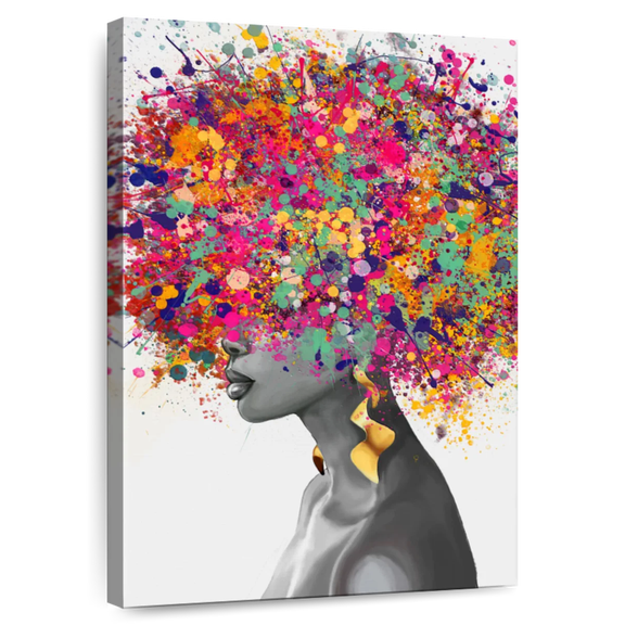 Elephant Stock Afro Hair Pop Wall Art - Vertical Canvas Wall Art - Living Room Wall Decor - People Canvas - White And Gray Decor - 34" x 51"