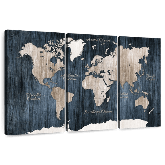 Elephant Stock Aged Wooden World Map Wall Art - Horizontal Multi Panel Canvas - Living Room Wall Decor - Map Multi Panel - White And Beige Decor - 74" x 48"