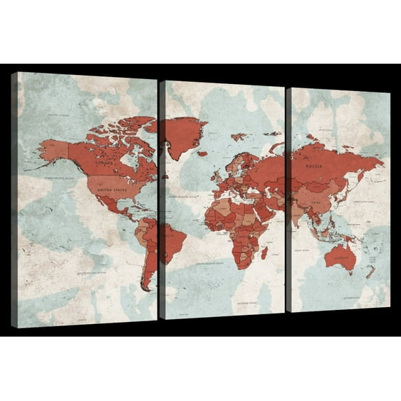 Elephant Stock Aged World Map Xii Wall Art - Horizontal Multi Panel Canvas - Living Room Wall Decor - Education Multi Panel - Beige And Orange Decor - 45" x 28"