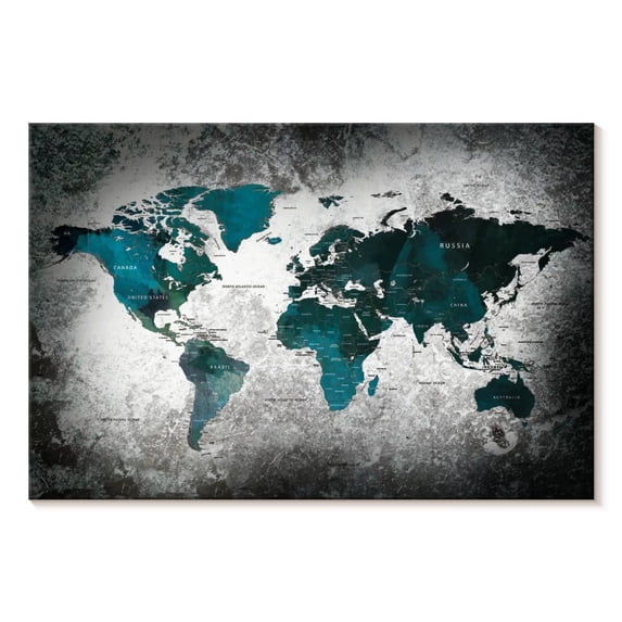 Elephant Stock Aged World Map Xli Wall Art - Horizontal Canvas Wall Art - Living Room Wall Decor - Education Canvas - Teal And White Decor - 36" x 24"