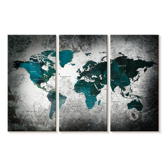 Elephant Stock Aged World Map Xli Wall Art - Horizontal Multi Panel Canvas - Living Room Wall Decor - Education Multi Panel - Teal And White Decor - 50" x 32"