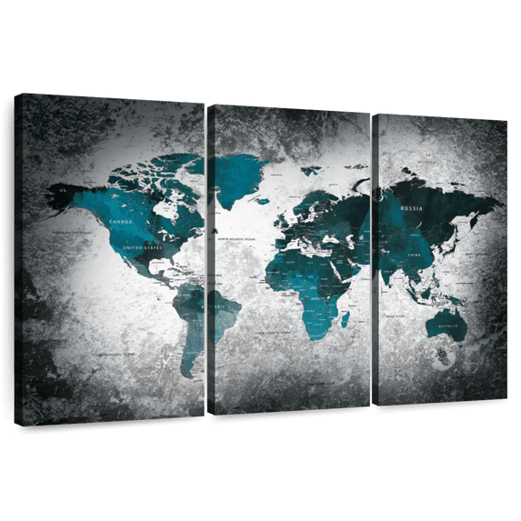 Elephant Stock Aged World Map Xli Wall Art - Horizontal Multi Panel Canvas - Living Room Wall Decor - Education Multi Panel - Teal And White Decor - 65" x 42"