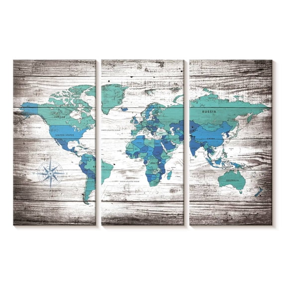 Elephant Stock Aged World Map Xxx Wall Art - Horizontal Multi Panel Canvas - Living Room Wall Decor - Education Multi Panel - White And Blue Decor - 74" x 48"
