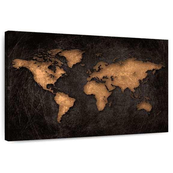 Elephant Stock Aged World Map Xxxiv Wall Art - Horizontal Canvas Wall Art - Living Room Wall Decor - Map Canvas - Black And Brown Decor - 51" x 34"