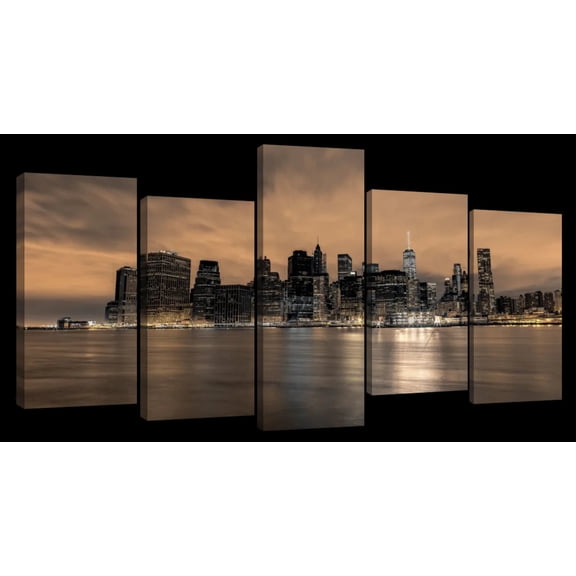 Elephant Stock Ah New York Wall Art - Horizontal Multi Panel Canvas - 5 Pieceliving Room Wall Decor - Photography City Multi Panel - Gray And Browndecor By Assaf Frank - 94" x 48"