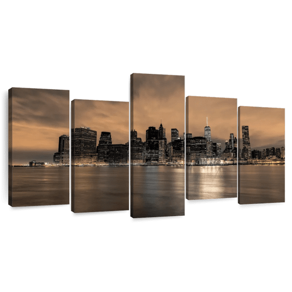 Elephant Stock Ah New York Wall Art - Horizontal Multi Panel Canvas - 5 Pieceliving Room Wall Decor - Photography City Multi Panel - Gray And Browndecor By Assaf Frank - 74" x 37"