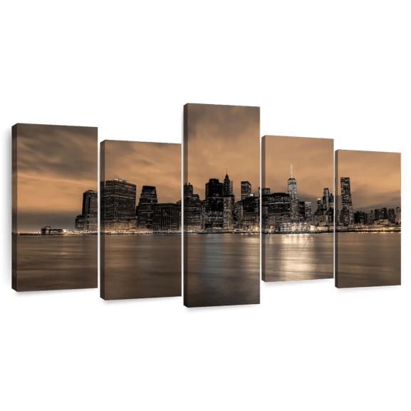 Elephant Stock Ah New York Wall Art - Horizontal Multi Panel Canvas - 5 Pieceliving Room Wall Decor - Photography City Multi Panel - Gray And Browndecor By Assaf Frank - 94" x 48"