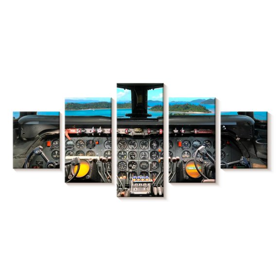 Elephant Stock Aircraft Cockpit Wall Art - Horizontal Multi Panel Canvas - Living Room Wall Decor - Transportation Multi Panel - Gray And Black Decor - 74" x 34"