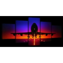 Elephant Stock Airplane At Dusk Wall Art - Horizontal Multi Panel Canvas - 5 Pieceliving Room Wall Decor - Photography Transportation Multi Panel - Black And Blue Decor - 29" x 12"