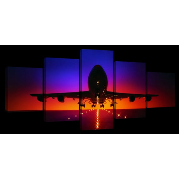 Elephant Stock Airplane At Dusk Wall Art - Horizontal Multi Panel Canvas - 5 Pieceliving Room Wall Decor - Photography Transportation Multi Panel - Black And Blue Decor - 29" x 12"