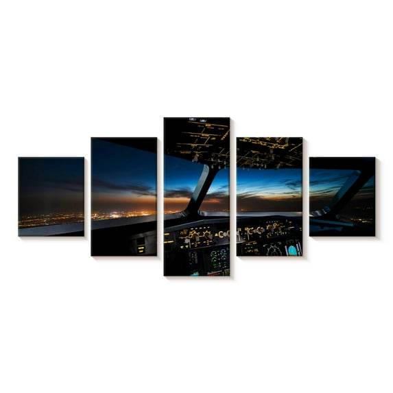 Elephant Stock Airplane Flight Controls Wall Art - Horizontal Multi Panel Canvas - Living Room Wall Decor - Transportation Multi Panel - Black And Brown Decor - 29" x 12"