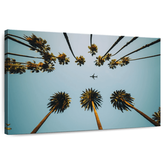 Elephant Stock Airplane Above Palm Trees Wall Art - Horizontal Canvas Wall Art - Living Room Wall Decor - Floral And Botanical Canvas - Blue And Green Decor - 51" x 34"