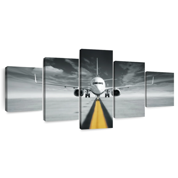 Elephant Stock Airplane On Yellow Line Wall Art - Horizontal Multi Panel Canvas - 5 Pieceliving Room Wall Decor - Photography Transportation Multi Panel - Black And Gray Decor - 55" x 24"