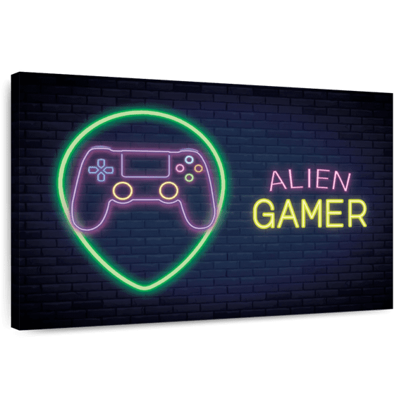 Elephant Stock Alien Gamer Wall Sign Wall Art - Horizontal Canvas Wall Art - Living Room Wall Decor - Wall Signs Canvas - Gold And Blue Decor - 30" x 20"