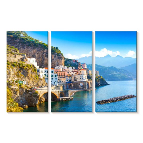 Elephant Stock Amalfi Coast Daylight Wall Art - Horizontal Multi Panel Canvas - Living Room Wall Decor - Beach Multi Panel - Blue And Green Decor - 45" x 28"
