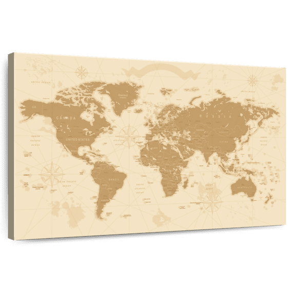 Elephant Stock Amber World Map Wall Art - Horizontal Canvas Wall Art - Living Room Wall Decor - Map Canvas - Brown And Beige Decor - 39" x 26"