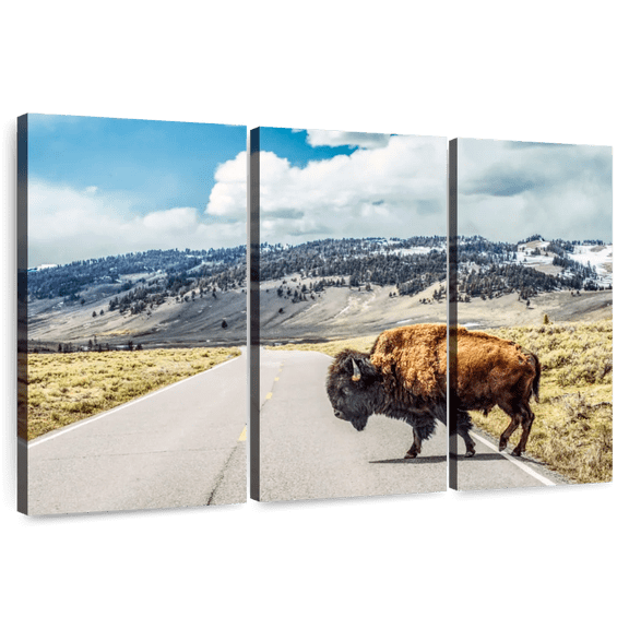 Elephant Stock American Bison Crossing Wall Art - Horizontal Multi Panel Canvas - Living Room Wall Decor - Animal Multi Panel - Brown And Beige Decor - 74" x 48"