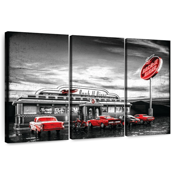 Elephant Stock American Diner Pop Wall Art - Horizontal Multi Panel Canvas - Living Room Wall Decor - Transportation Multi Panel - Gray And Black Decor - 65" x 42"