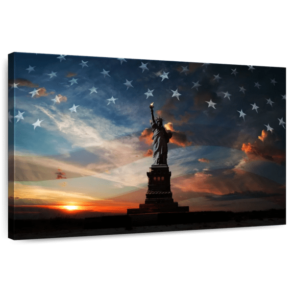 Elephant Stock American Flag Liberty Monument Wall Art - Horizontal Canvas Wall Art - Living Room Wall Decor - Places Canvas - Brown And Orange Decor - 12" x 8"