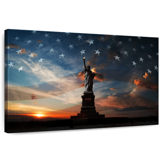 Elephant Stock American Flag Liberty Monument Wall Art - Horizontal Canvas Wall Art - Living Room Wall Decor - Places Canvas - Brown And Orange Decor - 36" x 24"
