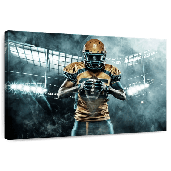 Elephant Stock American Football Player Wall Art - Horizontal Canvas Wall Art - Mancave Wall Decor - Sports Canvas - Blue And Orange Decor - 36" x 24"