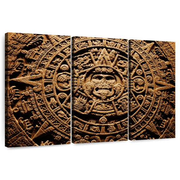 Elephant Stock Ancient Aztec Calendar Wall Art - Horizontal Multi Panel Canvas - Living Room Wall Decor - Education Multi Panel - Black And Brown Decor - 74" x 48"
