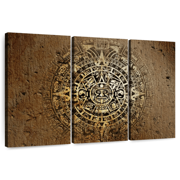 Elephant Stock Ancient Mayan Calendar Wall Art - Horizontal Multi Panel Canvas - Living Room Wall Decor - Education Multi Panel - Brown And Gold Decor - 45" x 28"