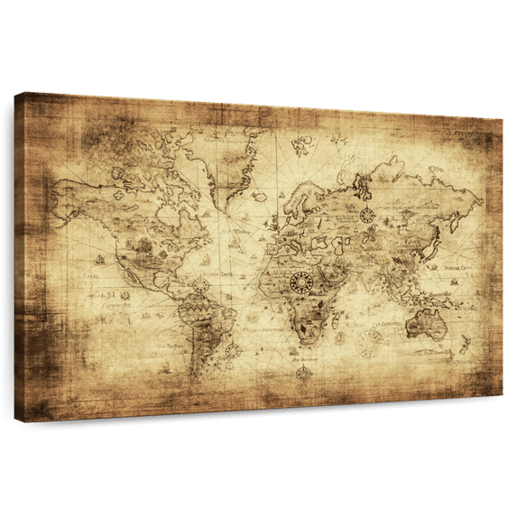 Elephant Stock Ancient World Map Wall Art - Horizontal Canvas Wall Art - Living Room Wall Decor - Map Canvas - Black And Yellow Decor - 45" x 30"