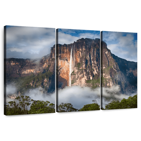 Elephant Stock Angel Falls Wall Art - Horizontal Multi Panel Canvas - Living Room Wall Decor - Nature Multi Panel - Brown And Green Decor - 74" x 48"