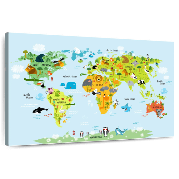Elephant Stock Animals Of The World Wall Art - Horizontal Canvas Wall Art - Kids Room Wall Decor - Map Canvas - Green And Blue Decor - 48" x 32"