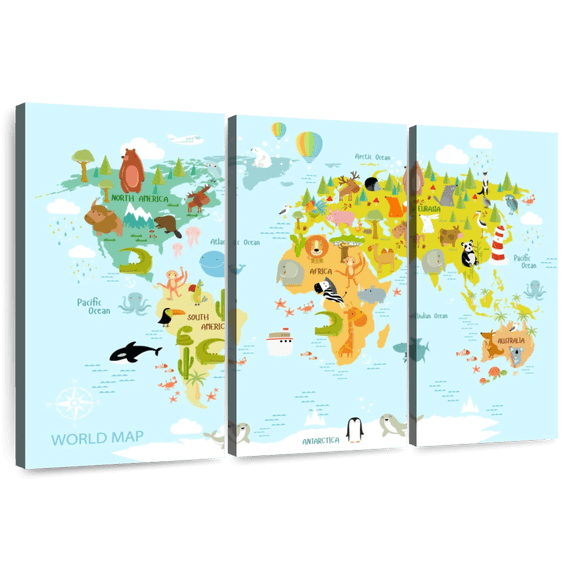 Elephant Stock Animals World Map Wall Art - Horizontal Multi Panel Canvas - Living Room Wall Decor - Map Multi Panel - White And Blue Decor - 38" x 24"