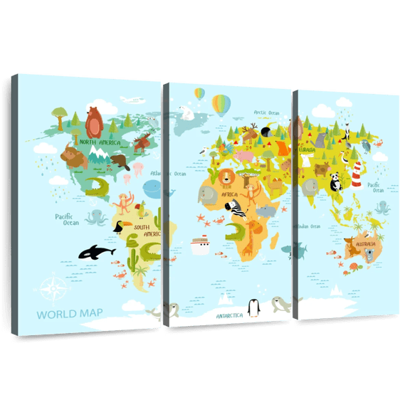 Elephant Stock Animals World Map Wall Art - Horizontal Multi Panel Canvas - Living Room Wall Decor - Map Multi Panel - White And Blue Decor - 74" x 48"