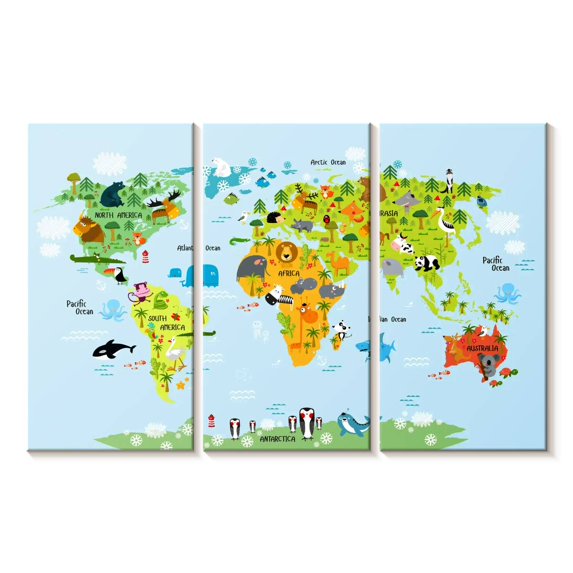 Elephant Stock Animals Of The World Wall Art - Horizontal Multi Panel Canvas - Kids Room Wall Decor - Map Multi Panel - Green And Blue Decor - 57" x 36"