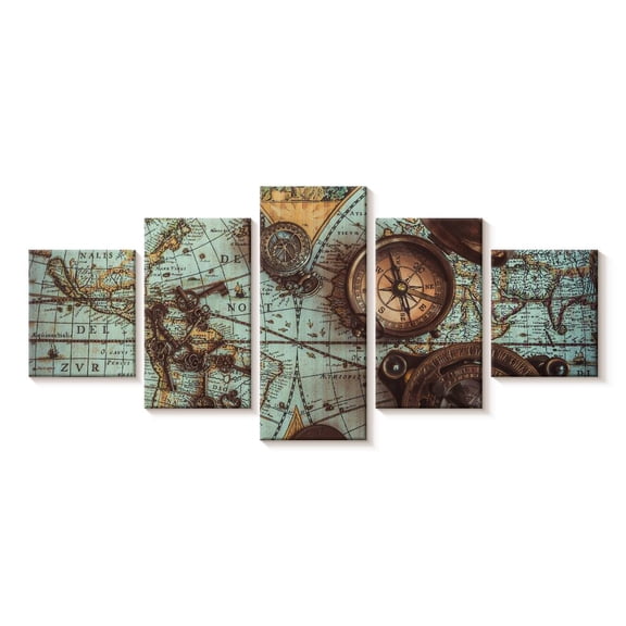 Elephant Stock Antique Pirate Map Wall Art - Horizontal Multi Panel Canvas - Living Room Wall Decor - Nautical Multi Panel - Brown And Blue Decor - 92" x 42"
