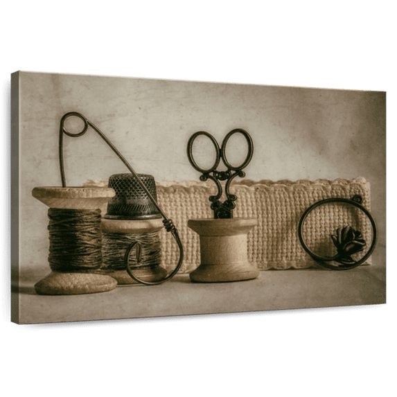 Elephant Stock Antique Sewing Kit Wall Art - Horizontal Canvas Wall Art - Living Room Wall Decor - Hobbies And Lifestyle Canvas - Gray And Brown Decor - 51" x 34"