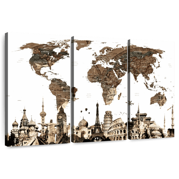 Elephant Stock Antique World Map Wall Art - Horizontal Multi Panel Canvas - Living Room Wall Decor - Map Multi Panel - White And Brown Decor - 57" x 36"
