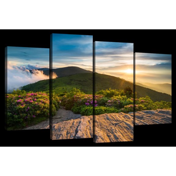 Elephant Stock Appalachian Flower Field Wall Art - Horizontal Multi Panel Canvas - 4 Pieceliving Room Wall Decor - Photography Nature Multi Panel - Brown And Teal Decor - 36" x 22"