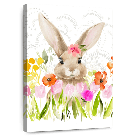 Elephant Stock April Flowers And Bunny I Wall Art - Vertical Canvas Wall Art - Kids Room Wall Decor - Holiday Canvas - White And Yellow Decor By Jennifer Paxton Parker - 34" x 51"