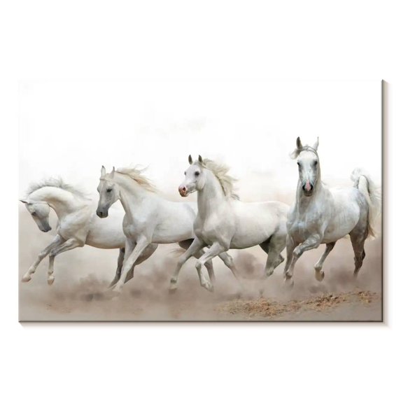Elephant Stock Arabian Horses Wall Art - Horizontal Canvas Wall Art - Living Room Wall Decor - Animal Canvas - White And Gray Decor - 45" x 30"