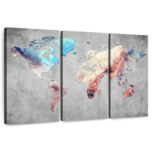 Elephant Stock Artistic Touch World Map Wall Art - Horizontal Multi Panel Canvas - Living Room Wall Decor - Map Multi Panel - Blue And Gray Decor - 65" x 42"