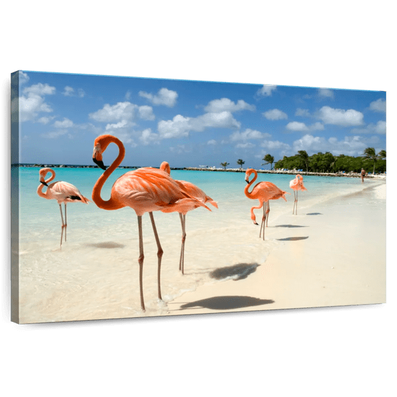 Elephant Stock Aruba Beach Pink Flamingos Wall Art - Horizontal Canvas Wall Art - Living Room Wall Decor - Animal Canvas - Blue And Beige Decor - 30" x 20"