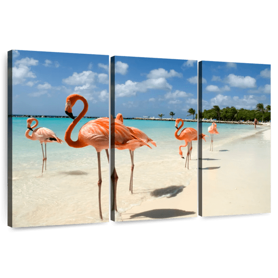 Elephant Stock Aruba Beach Pink Flamingos Wall Art - Horizontal Multi Panel Canvas - Living Room Wall Decor - Animal Multi Panel - Blue And Beige Decor - 65" x 42"