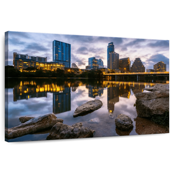 Elephant Stock Austin City Reflection Wall Art - Horizontal Canvas Wall Art - Living Room Wall Decor - City Canvas - Yellow And Blue Decor - 30" x 20"