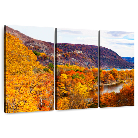 Elephant Stock Autumn Bear Mountainscape Wall Art - Horizontal Multi Panel Canvas - 3 Pieceliving Room Wall Decor - Photography Nature Multi Panel - Orange And Blue Decor - 74" x 48"
