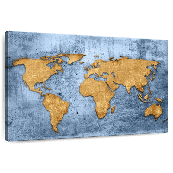 Elephant Stock Azure World Map Wall Art - Horizontal Canvas Wall Art - Living Room Wall Decor - Map Canvas - Blue And Gold Decor - 48" x 32"