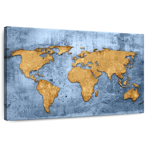 Elephant Stock Azure World Map Wall Art - Horizontal Canvas Wall Art - Living Room Wall Decor - Map Canvas - Blue And Gold Decor - 51" x 34"