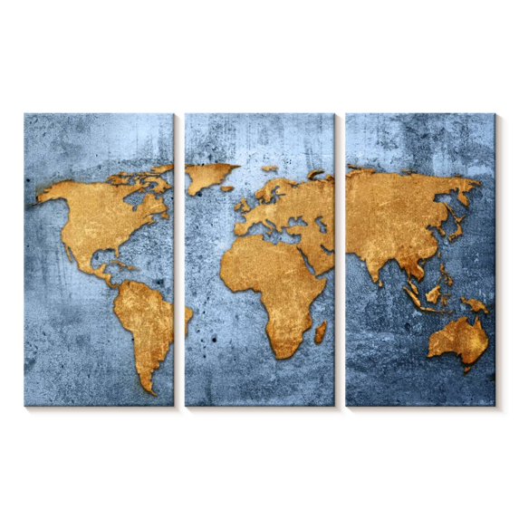 Elephant Stock Azure World Map Wall Art - Horizontal Multi Panel Canvas - Living Room Wall Decor - Map Multi Panel - Blue And Gold Decor - 45" x 28"