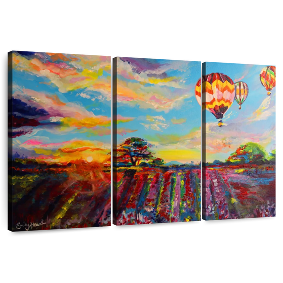 Elephant Stock Balloon Skies Wall Art - Horizontal Multi Panel Canvas - Living Room Wall Decor - Transportation Multi Panel - Red And Yellow Decor By Emily Louise Heard - 45" x 28"