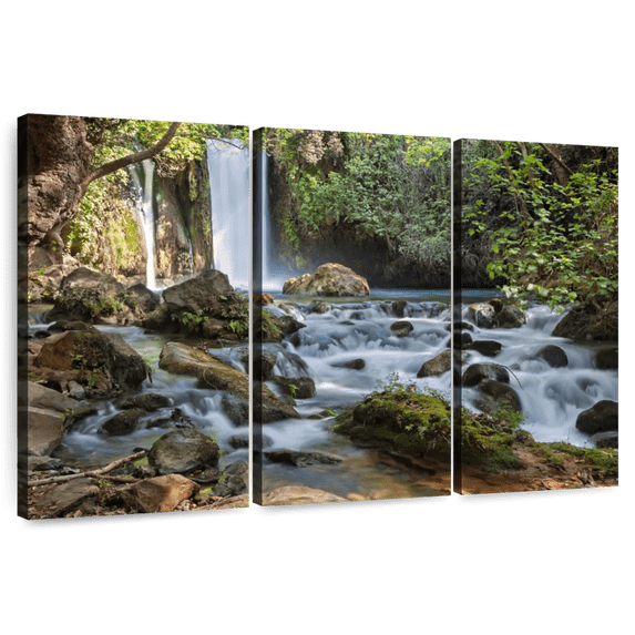 Elephant Stock Banias Waterfalls Wall Art - Horizontal Multi Panel Canvas - Living Room Wall Decor - Nature Multi Panel - White And Green Decor - 45" x 28"