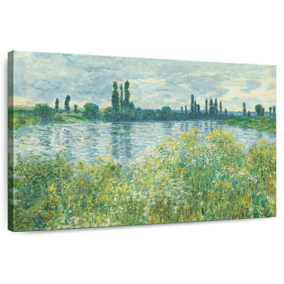 Elephant Stock Banks Of The Seine Vetheuil Wall Art - Horizontal Canvas Wall Art - Lobby Wall Decor - Nature Canvas - Blue And Gray Decor By Claude Monet - 24" x 16"